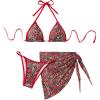 imageSOLY HUX Womens 3 Piece Swimsuit Leopard Cherry Print Halter Bikini Set Bathing Suit with Sarong Wraps Cover UpMulticoloured Leopard