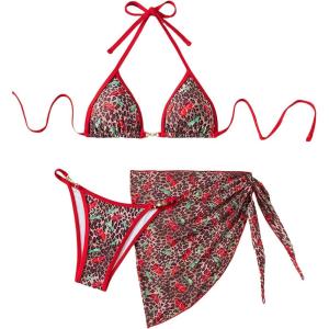 imageSOLY HUX Womens 3 Piece Swimsuit Leopard Cherry Print Halter Bikini Set Bathing Suit with Sarong Wraps Cover UpMulticoloured Leopard