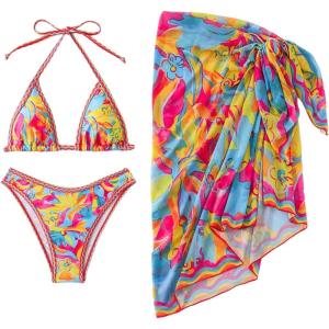 imageSOLY HUX Womens Boho Bikini Set Printed Halter Triangle Swimsuit Beach Vacation Swimwear with Cover Up SkirtsMulti Printed