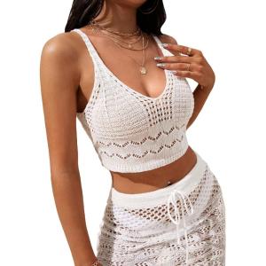 imageSOLY HUX Womens Crochet Knit Swimsuit Bathing Suits Cover up Vest Top Hollow Out Beachwear Crop Tank TopsSolid White