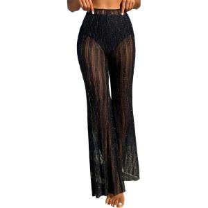 imageSOLY HUX Womens High Waist Sheer Mesh Swimsuit Cover up Pants See Through Wide Leg Bikini Beach Pants SwimwearPlain Black Glitter