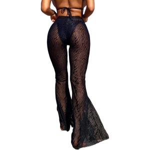 imageSOLY HUX Womens High Waist Sheer Mesh Swimsuit Cover up Pants See Through Wide Leg Bikini Beach Pants SwimwearSolid Black
