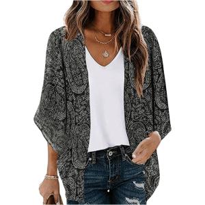 imageSOLY HUX Womens Paisley Print Blouse 34 Sleeve Cardigan Kimono Coverup Oversized Open Front Shirt TopsBlack Paisley