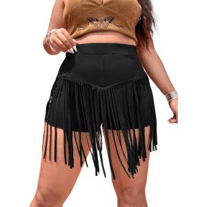 imageSOLY HUX Womens Plus Size Elastic High Waisted Fringe Tassel Solid Straight Leg Skinny ShortsBlack
