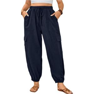 imageSOLY HUX Womens Plus Size High Waist Cargo Pants Casual Loose Baggy Jogger Pants Trousers PocketsDark Blue