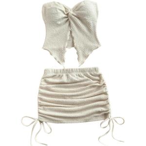 imageSOLY HUX Womens Twist Front Strapless Tube Top and Skirts Y2k Matching Set Summer 2 Pieces OutfitsSolid Apricot