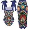 imageSOLY HUX Womens Boho Printed One Piece Swimsuit Tie Shoulder Bathing Suit with Beach Cover Up SkirtMulticoloured Tribal