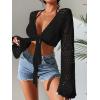 imageSOLY HUX Womens Deep V Neck Tie Front Hollow Out Long Sleeve Beach Swimsuit Bikini Cover Up TopBlack