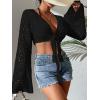imageSOLY HUX Womens Deep V Neck Tie Front Hollow Out Long Sleeve Beach Swimsuit Bikini Cover Up TopBlack