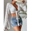imageSOLY HUX Womens Deep V Neck Tie Front Hollow Out Long Sleeve Beach Swimsuit Bikini Cover Up TopWhite