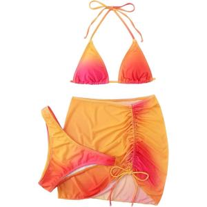 imageSOLY HUX Womens 3 Piece Swimsuit Ombre Halter Triangle Bikini Set Bathing Suit with Cover Up Beach SkirtOrange Ombre