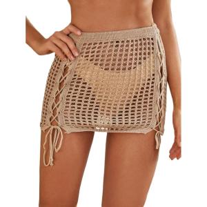 imageSOLY HUX Womens Cover Up Elastic Waist Tassel Crochet Hollow Out Sheer Beach Swimwear Mini SkirtCamel