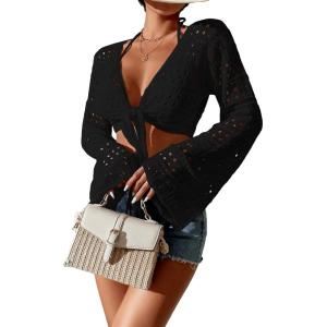 imageSOLY HUX Womens Deep V Neck Tie Front Hollow Out Long Sleeve Beach Swimsuit Bikini Cover Up TopBlack