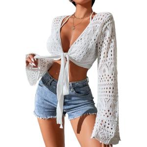 imageSOLY HUX Womens Deep V Neck Tie Front Hollow Out Long Sleeve Beach Swimsuit Bikini Cover Up TopWhite