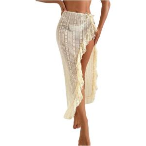 imageSOLY HUX Womens Sheer Swim Cover Up Skirt Ruffle Split Asymmetrical Hem Beach Bathing Suit Cover UpSolid Beige