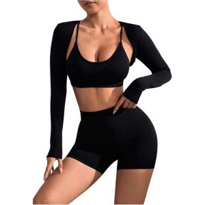 imageSOLY HUX Workout Sets for Women 3 Piece Outfits Seamless Sports Bra and High Waisted Shorts with Bolero Crop TopPure Black