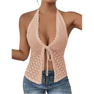 imageSOLY HUX Womens Crochet Tie Front Halter Neck Crop Camisole Top Swimsuit Cover Up BeachwearDusty Pink