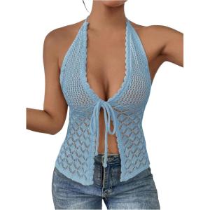 imageSOLY HUX Womens Crochet Tie Front Halter Neck Crop Camisole Top Swimsuit Cover Up BeachwearMint Blue