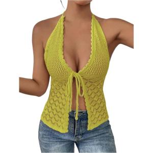 imageSOLY HUX Womens Crochet Tie Front Halter Neck Crop Camisole Top Swimsuit Cover Up BeachwearMint Green