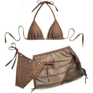 imageSOLY HUX Womens Plus Size Bathing Suits 3 Piece Swimsuits Triangle String Bikini with Cover Up SkirtsCoffee Brown
