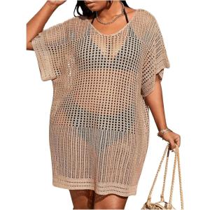 imageSOLY HUX Womens Plus Size Cover Up Dress Hollow Out V Neck Short Sleeve Bathing Suit SwimsuitPlain Khaki