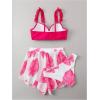 imageSOLY HUX Bathing Suit for Women 3 Piece Swimsuits Push Up Frill Trim Bikini Set with Cover Up ShortsHotpink Leaf