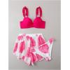 imageSOLY HUX Bathing Suit for Women 3 Piece Swimsuits Push Up Frill Trim Bikini Set with Cover Up ShortsHotpink Leaf