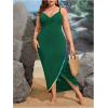 imageSOLY HUX Swim Cover Up for Women Plus Size Tassel Trim Wrap Spaghetti Strap Dress Swimsuit Bathing SuitPlain Dark Green