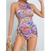 imageSOLY HUX Womens 3 Piece Swimsuit Cute Graphic Tie Side High Cut Halter Bikini Set with Cover UpMulticoloured Printed