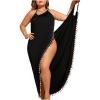imageSOLY HUX Swim Cover Up for Women Plus Size Tassel Trim Wrap Spaghetti Strap Dress Swimsuit Bathing SuitBlack Tassel