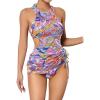 imageSOLY HUX Womens 3 Piece Swimsuit Cute Graphic Tie Side High Cut Halter Bikini Set with Cover UpMulticoloured Printed