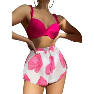 imageSOLY HUX Bathing Suit for Women 3 Piece Swimsuits Push Up Frill Trim Bikini Set with Cover Up ShortsHotpink Leaf