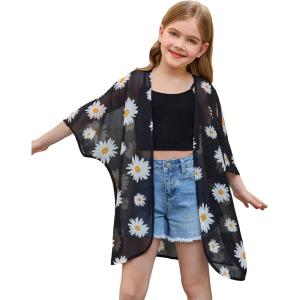 imageSOLY HUX Girls Floral Print Sheer Open Front Swim Cover Up 34 Sleeve Beach Kimono SwimsuitsMulti Floral