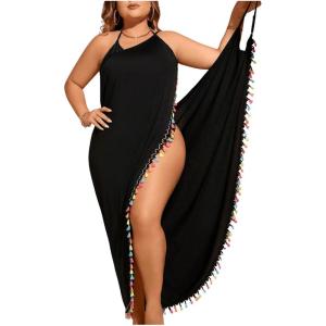 imageSOLY HUX Swim Cover Up for Women Plus Size Tassel Trim Wrap Spaghetti Strap Dress Swimsuit Bathing SuitBlack Tassel