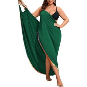 imageSOLY HUX Swim Cover Up for Women Plus Size Tassel Trim Wrap Spaghetti Strap Dress Swimsuit Bathing SuitPlain Dark Green