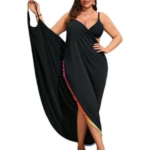 imageSOLY HUX Swim Cover Up for Women Plus Size Tassel Trim Wrap Spaghetti Strap Dress Swimsuit Bathing SuitSolid Black