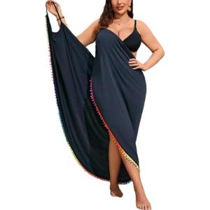 imageSOLY HUX Swim Cover Up for Women Plus Size Tassel Trim Wrap Spaghetti Strap Dress Swimsuit Bathing SuitSolid Dark Blue
