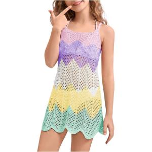 imageSOLY HUX Toddler Girls Color Cable Knit Swimsuit Cover up Short Beach Cami DressPurple Yellow Multi