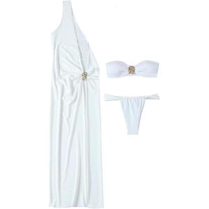 imageSOLY HUX Womens 3 Piece Swimsuit Bandeau Bikini Set Bathing Suit with Cover Up DressSolid White