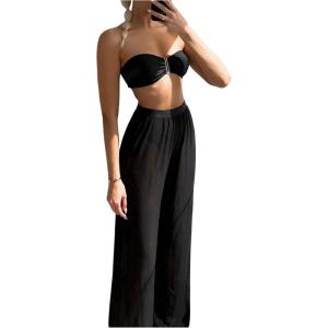 imageSOLY HUX Womens 3 Piece Swimsuit Bandeau Bikini Sets Bathing Suit with Cover Up PantsSolid Black