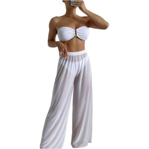 imageSOLY HUX Womens 3 Piece Swimsuit Bandeau Bikini Sets Bathing Suit with Cover Up PantsSolid White