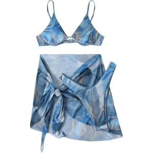 imageSOLY HUX Womens 3 Piece Swimsuit Marble Print Underwire Bikini Set Bathing Suit with Sarong Wraps Cover UpBlue Marble