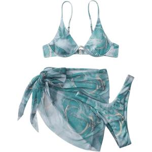 imageSOLY HUX Womens 3 Piece Swimsuit Marble Print Underwire Bikini Set Bathing Suit with Sarong Wraps Cover UpCadet Blue Marble