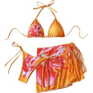 imageSOLY HUX Womens Floral Print Bikini Set Halter String High Cut Bathing Suit with Cover Up SkirtsOrange Floral