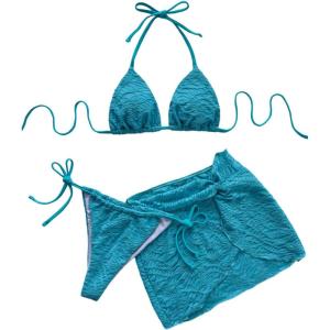 imageSOLY HUX Womens Halter Bikini Set Textured Swimsuits Beach Vacation Bathing Suits with Cover Up SkirtsPure Blue