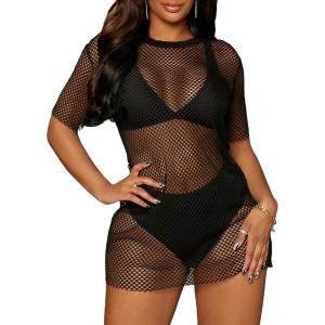 imageSOLY HUX Womens Hollow Out Swimsuits Cover Ups Mesh Sheer Short Sleeve Beach Bikini Swimwear Cover Up DressBlack