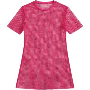 imageSOLY HUX Womens Hollow Out Swimsuits Cover Ups Mesh Sheer Short Sleeve Beach Bikini Swimwear Cover Up DressPlain Pink