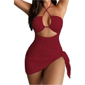 imageSOLY HUX Womens One Piece Swimsuit Criss Cross Halter Cut Out Bathing Suit with Cover UpSolid Burgundy