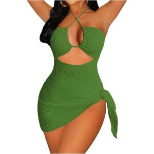 imageSOLY HUX Womens One Piece Swimsuit Criss Cross Halter Cut Out Bathing Suit with Cover UpSolid Deep Green