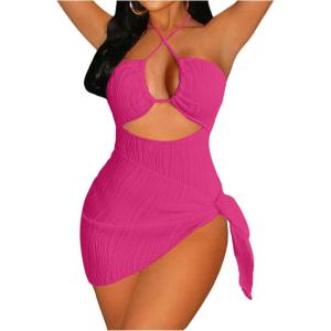 imageSOLY HUX Womens One Piece Swimsuit Criss Cross Halter Cut Out Bathing Suit with Cover UpSolid Hotpink